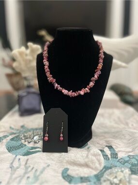 Brand New! Genuine Tumbled Pink Rhodonite Necklace with Matching Earrings